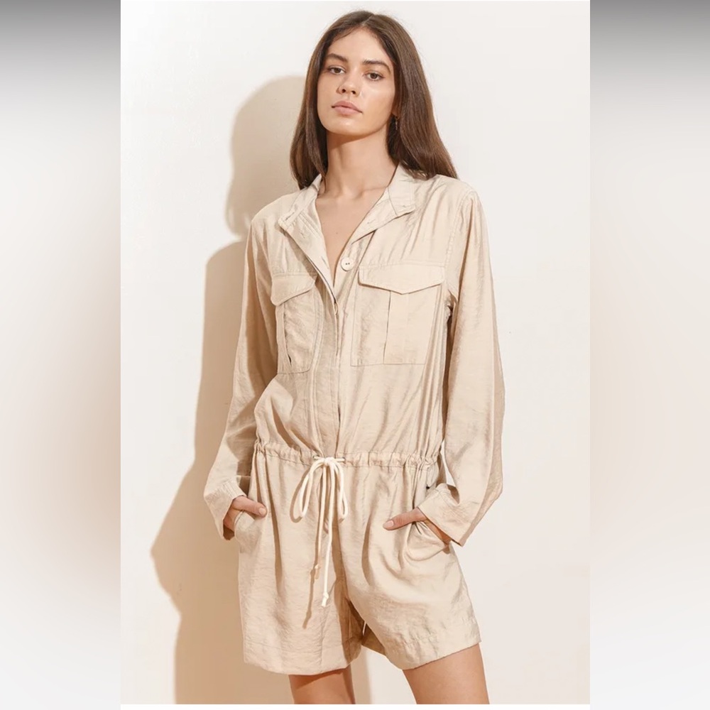 Lulus Got My Approval Beige Button-Up Long Sleeve Utility Romper. Size XS. NWT
